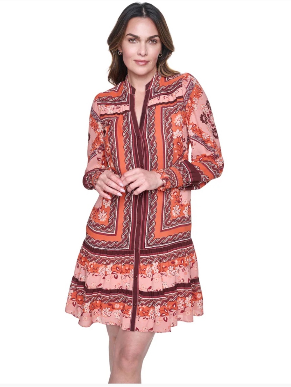 Eliza J Floral Border Print Mini Dress in Orange and Brown